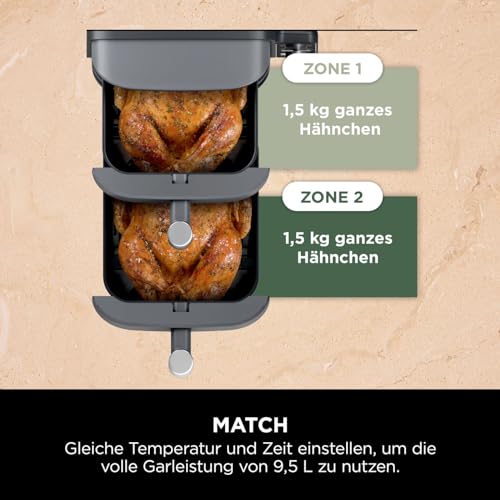 Ninja Double Stack XL Air Fryer Heißluftfritteuse, 9,5L Airfryer, Doppelkorb-Heißluftfritteuse mit 4 Kochstufen, 2 Körben, 2 Rosten, platzsparendes Design, 6 Kochfunktionen, 8 Portionen, Grau SL400EU