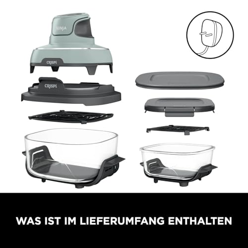 Ninja CRISPi tragbare Airfryer Heißluftfritteuse, 3,8 l, 4-in-1: Heißluftfrittieren, Braten, Warmhalten, Recrisp, kompakt, 6 Portionen, 2x herausnehmbare Glasbehälter & Deckel, 1700 W, Sage FN101EUSG