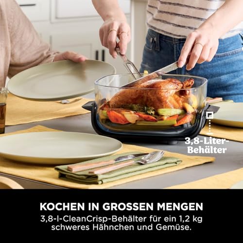 Ninja CRISPi tragbare Airfryer Heißluftfritteuse, 3,8 l, 4-in-1: Heißluftfrittieren, Braten, Warmhalten, Recrisp, kompakt, 6 Portionen, 2x herausnehmbare Glasbehälter & Deckel, 1700 W, Sage FN101EUSG