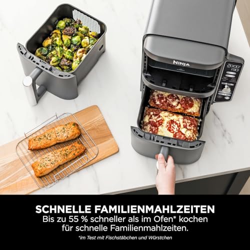 Ninja Double Stack XL Air Fryer Heißluftfritteuse, 9,5L Airfryer, Doppelkorb-Heißluftfritteuse mit 4 Kochstufen, 2 Körben, 2 Rosten, platzsparendes Design, 6 Kochfunktionen, 8 Portionen, Grau SL400EU