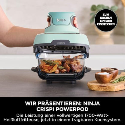 Ninja CRISPi tragbare Airfryer Heißluftfritteuse, 3,8 l, 4-in-1: Heißluftfrittieren, Braten, Warmhalten, Recrisp, kompakt, 6 Portionen, 2x herausnehmbare Glasbehälter & Deckel, 1700 W, Sage FN101EUSG
