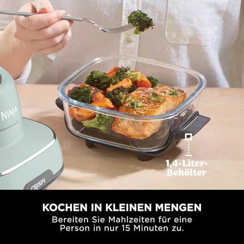 Ninja CRISPi tragbare Airfryer Heißluftfritteuse, 3,8 l, 4-in-1: Heißluftfrittieren, Braten, Warmhalten, Recrisp, kompakt, 6 Portionen, 2x herausnehmbare Glasbehälter & Deckel, 1700 W, Sage FN101EUSG