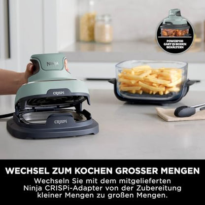 Ninja CRISPi tragbare Airfryer Heißluftfritteuse, 3,8 l, 4-in-1: Heißluftfrittieren, Braten, Warmhalten, Recrisp, kompakt, 6 Portionen, 2x herausnehmbare Glasbehälter & Deckel, 1700 W, Sage FN101EUSG