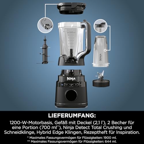 Ninja 2-in-1 Detect Power Mixer Pro & Single Serve, 1200W Mixer mit Krug, & 2x Single Serve Tassen, Smoothies mixen, Gemüse hacken & Frozen Drinks mixen, Schwarz, TB301EU