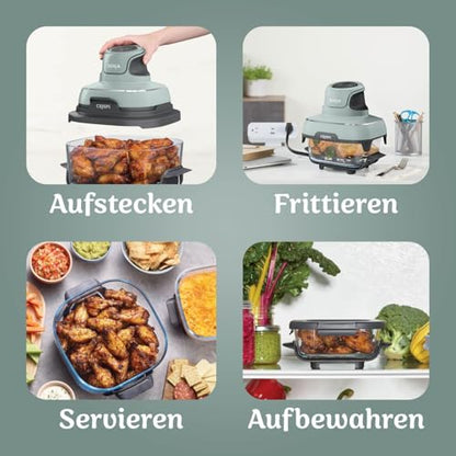 Ninja CRISPi tragbare Airfryer Heißluftfritteuse, 3,8 l, 4-in-1: Heißluftfrittieren, Braten, Warmhalten, Recrisp, kompakt, 6 Portionen, 2x herausnehmbare Glasbehälter & Deckel, 1700 W, Sage FN101EUSG