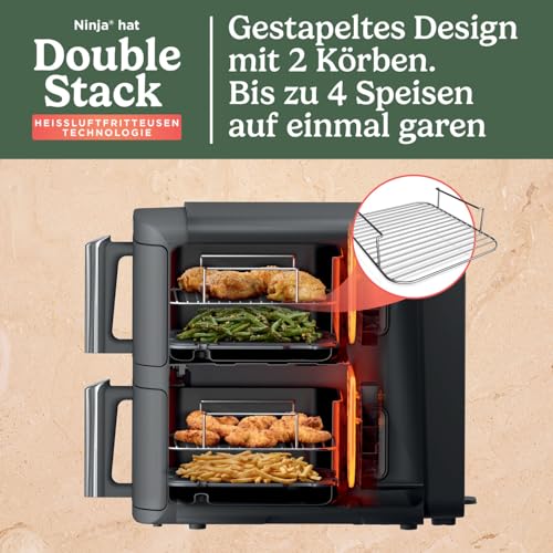 Ninja Double Stack XL Air Fryer Heißluftfritteuse, 9,5L Airfryer, Doppelkorb-Heißluftfritteuse mit 4 Kochstufen, 2 Körben, 2 Rosten, platzsparendes Design, 6 Kochfunktionen, 8 Portionen, Grau SL400EU