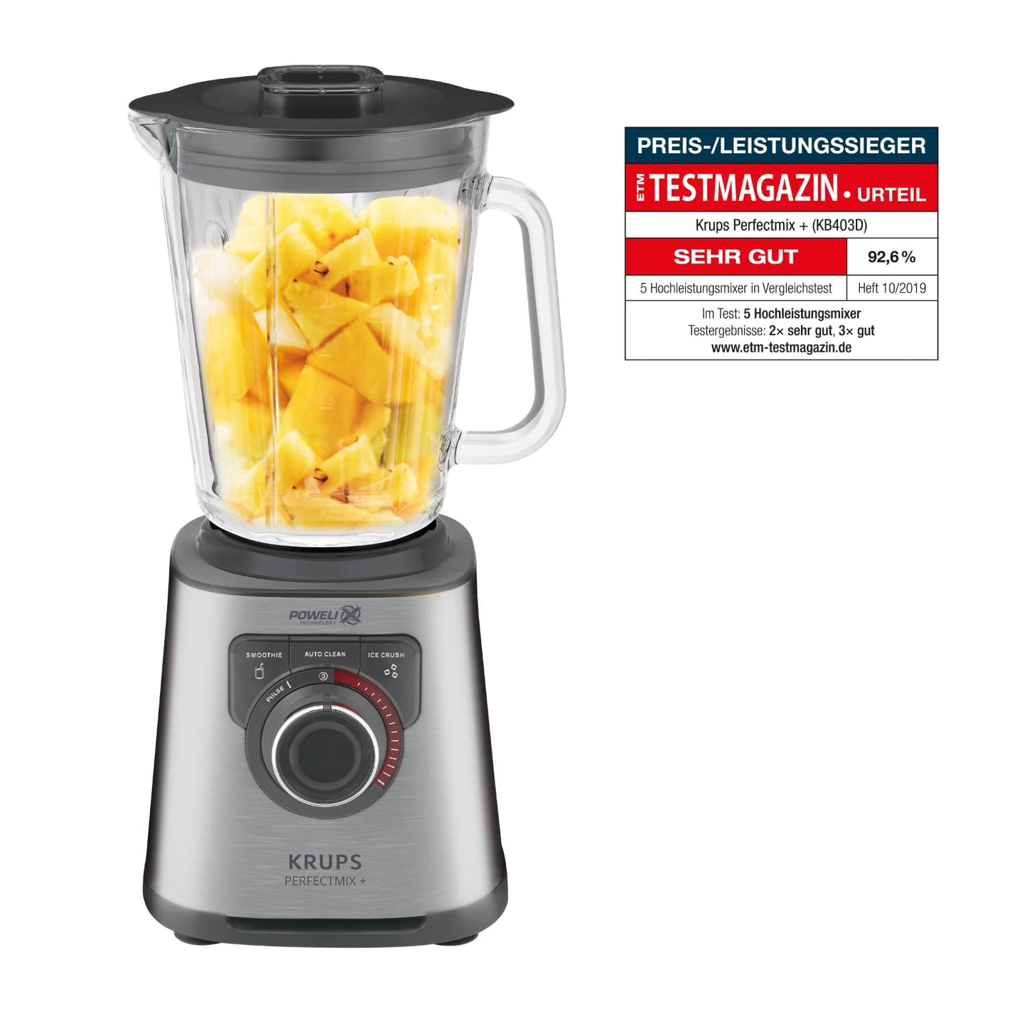 Krups KB403D Perfectmix + Hochleistungsstandmixer, 1.200W, 28.000 UpM, 2L Glasbehälter, 3 voreingestellte Programme, Powelix- Technologie, Edelstahl/Dunkelgrau