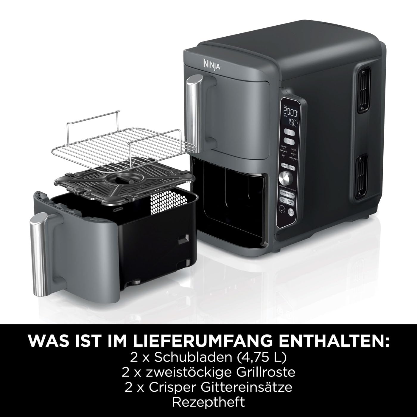 Ninja Double Stack XL Air Fryer Heißluftfritteuse, 9,5L Airfryer, Doppelkorb-Heißluftfritteuse mit 4 Kochstufen, 2 Körben, 2 Rosten, platzsparendes Design, 6 Kochfunktionen, 8 Portionen, Grau SL400EU
