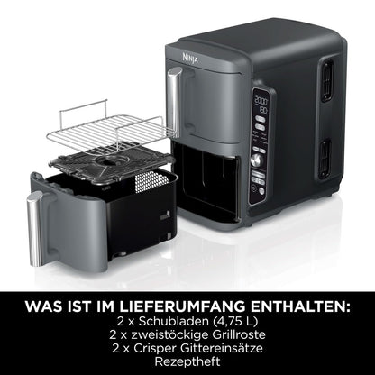 Ninja Double Stack XL Air Fryer Heißluftfritteuse, 9,5L Airfryer, Doppelkorb-Heißluftfritteuse mit 4 Kochstufen, 2 Körben, 2 Rosten, platzsparendes Design, 6 Kochfunktionen, 8 Portionen, Grau SL400EU