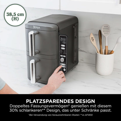 Ninja Double Stack XL Air Fryer Heißluftfritteuse, 9,5L Airfryer, Doppelkorb-Heißluftfritteuse mit 4 Kochstufen, 2 Körben, 2 Rosten, platzsparendes Design, 6 Kochfunktionen, 8 Portionen, Grau SL400EU