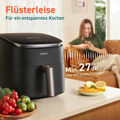 Cosori Turboblaze Airfryer Heißluftfritteuse, 9-in-1 Air Fryer XXL 6L, leiser DC Motor mit 5 Geschwindigkeitsstufen, Grillen, Backen, Gären, Dehydrieren, Tiefkühlen, 87 Rezepte, 64% energiesparend