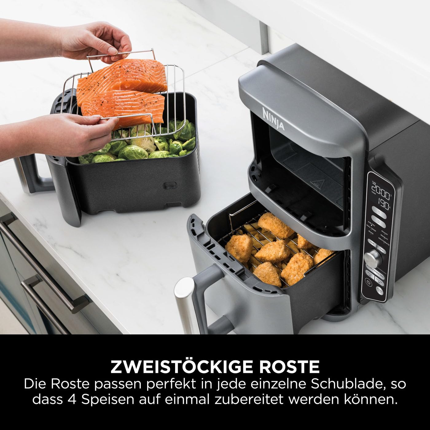Ninja Double Stack XL Air Fryer Heißluftfritteuse, 9,5L Airfryer, Doppelkorb-Heißluftfritteuse mit 4 Kochstufen, 2 Körben, 2 Rosten, platzsparendes Design, 6 Kochfunktionen, 8 Portionen, Grau SL400EU