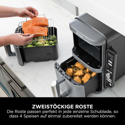 Ninja Double Stack XL Air Fryer Heißluftfritteuse, 9,5L Airfryer, Doppelkorb-Heißluftfritteuse mit 4 Kochstufen, 2 Körben, 2 Rosten, platzsparendes Design, 6 Kochfunktionen, 8 Portionen, Grau SL400EU