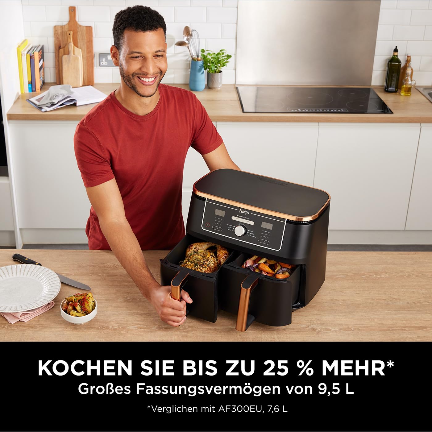 Ninja Foodi MAX Dual Zone Heißluftfritteuse [AF400EUCP] Amazon Exclusive, ‎2470 Watt , 9,5 L, 2 Heißluft-Frittierfächer, 6 Funktionen, 27 x 41.5 x 32.5 cm, Kupfer/Schwarz