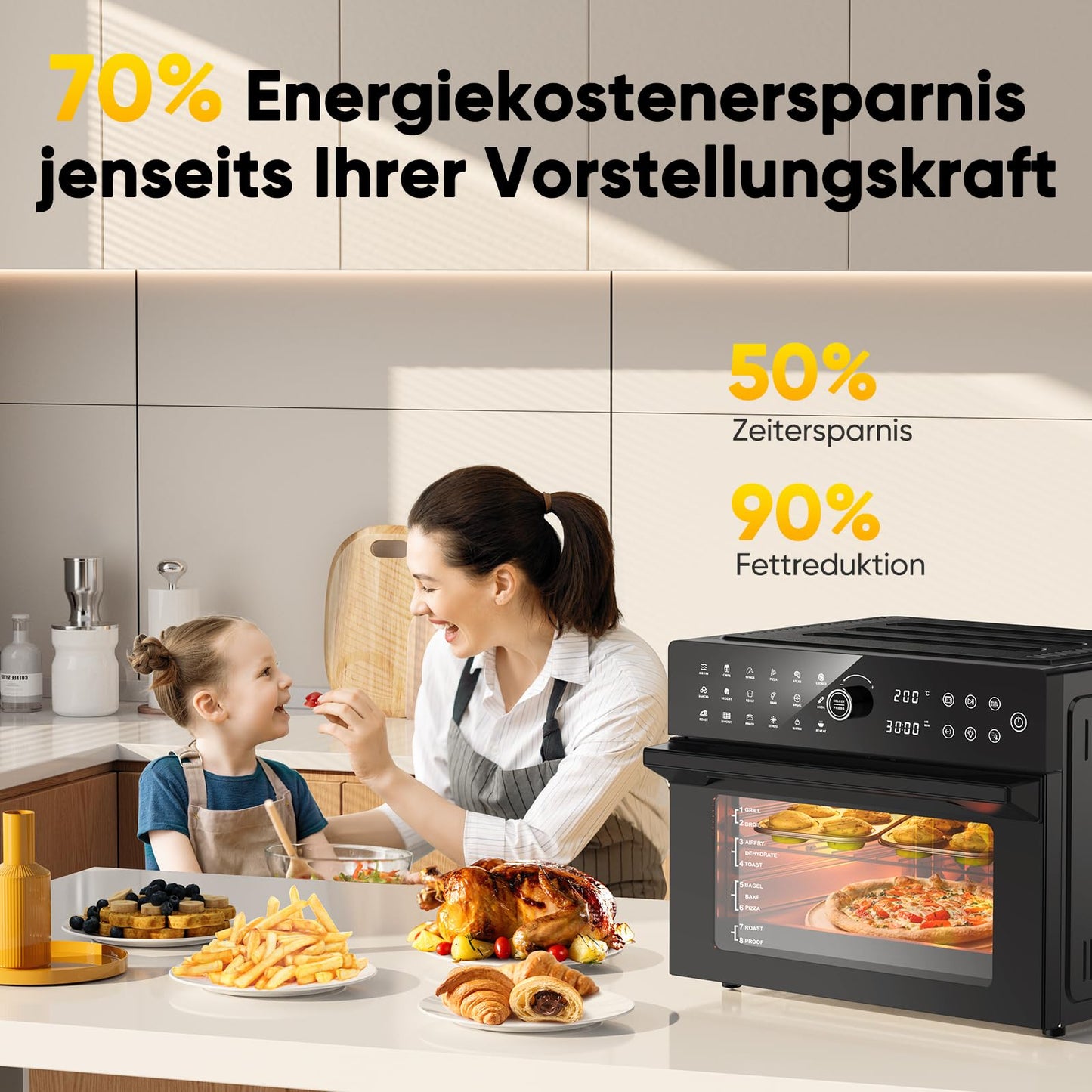 30L Heißluftfritteuse XXL Minibackofen mit LED-Touchscreen, Minibackofen mit Umluft mit 20 Programmen und Zwei Kochmodi, 1800W Heissluftfritteuse Air Fryer Oven ohne Öl, 8h Timer, Rezeptbuch,7 Anhänge