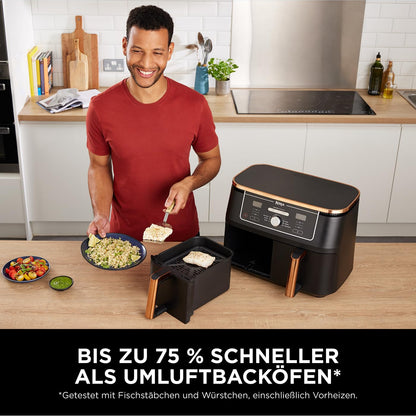 Ninja Foodi MAX Dual Zone Heißluftfritteuse [AF400EUCP] Amazon Exclusive, ‎2470 Watt , 9,5 L, 2 Heißluft-Frittierfächer, 6 Funktionen, 27 x 41.5 x 32.5 cm, Kupfer/Schwarz