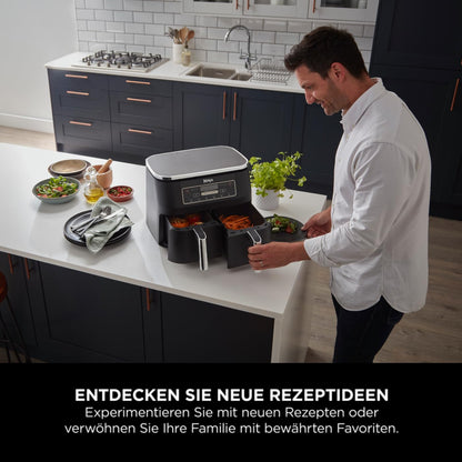 Ninja Foodi Dual Zone Digitale Heißluftfritteuse, 7,6L Airfryer, 2 Fächer, Antihaftbeschichtung, spülmaschinenfeste Körbe, 6-in-1, 4-6 Portionen, Schwarz AF300EU