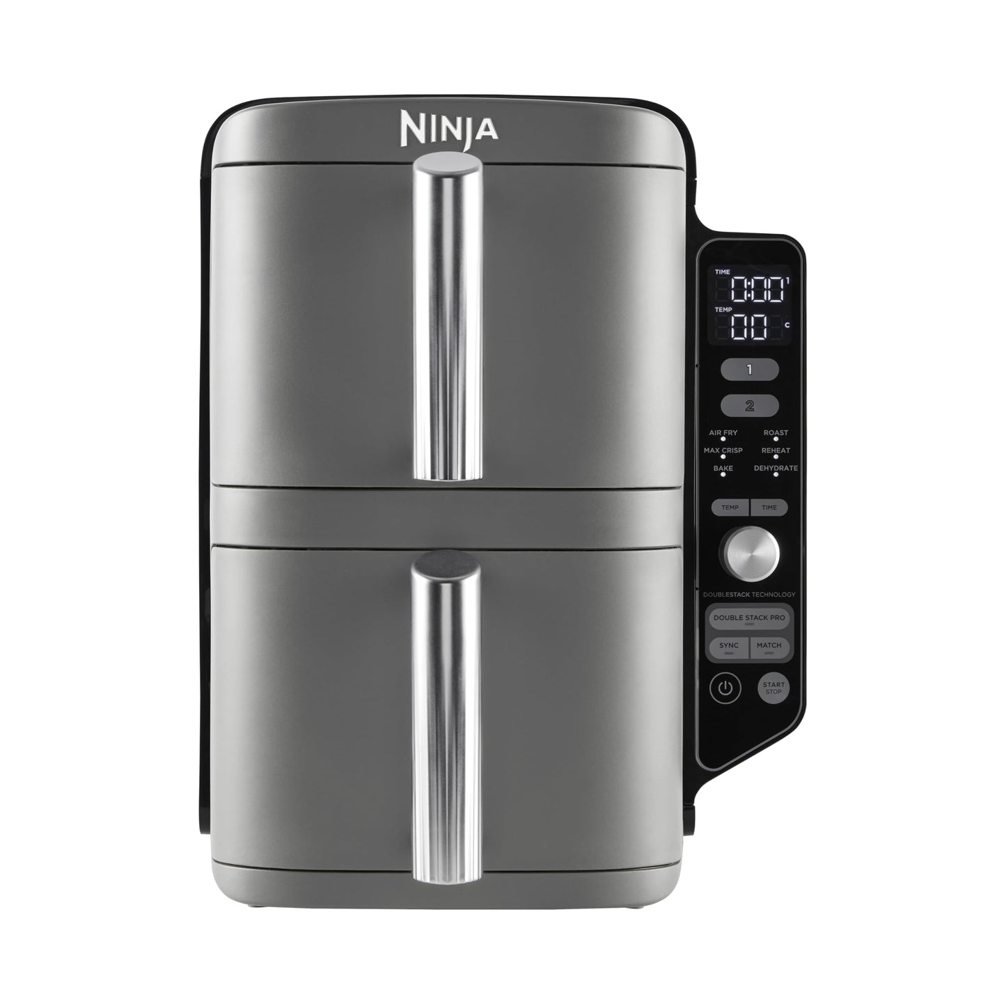 Ninja Double Stack XL Air Fryer Heißluftfritteuse, 9,5L Airfryer, Doppelkorb-Heißluftfritteuse mit 4 Kochstufen, 2 Körben, 2 Rosten, platzsparendes Design, 6 Kochfunktionen, 8 Portionen, Grau SL400EU