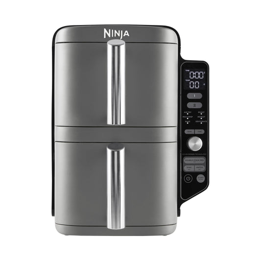 Ninja Double Stack XL Air Fryer Heißluftfritteuse, 9,5L Airfryer, Doppelkorb-Heißluftfritteuse mit 4 Kochstufen, 2 Körben, 2 Rosten, platzsparendes Design, 6 Kochfunktionen, 8 Portionen, Grau SL400EU