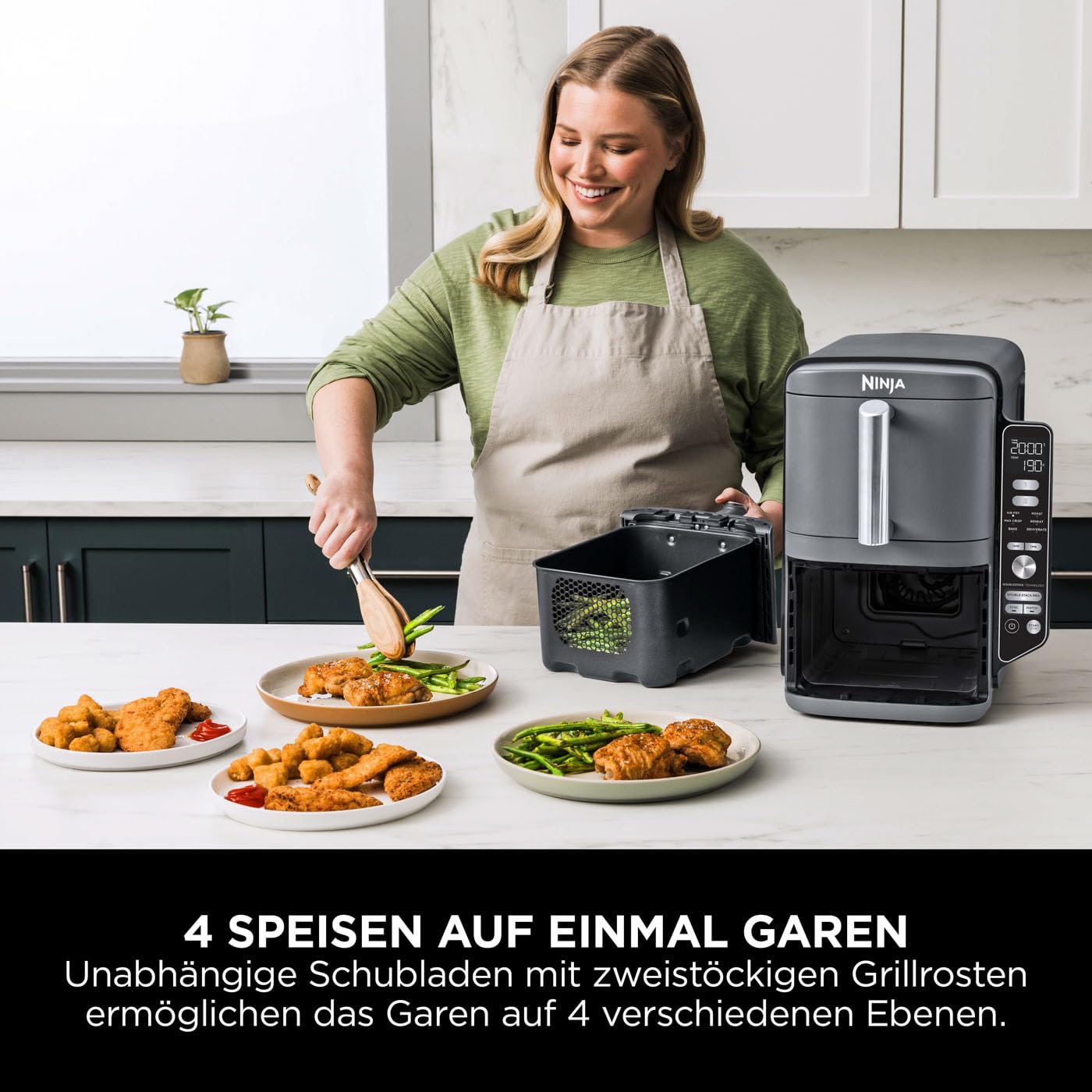 Ninja Double Stack XL Air Fryer Heißluftfritteuse, 9,5L Airfryer, Doppelkorb-Heißluftfritteuse mit 4 Kochstufen, 2 Körben, 2 Rosten, platzsparendes Design, 6 Kochfunktionen, 8 Portionen, Grau SL400EU