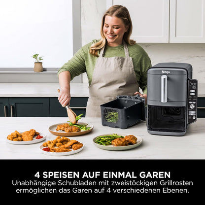 Ninja Double Stack XL Air Fryer Heißluftfritteuse, 9,5L Airfryer, Doppelkorb-Heißluftfritteuse mit 4 Kochstufen, 2 Körben, 2 Rosten, platzsparendes Design, 6 Kochfunktionen, 8 Portionen, Grau SL400EU