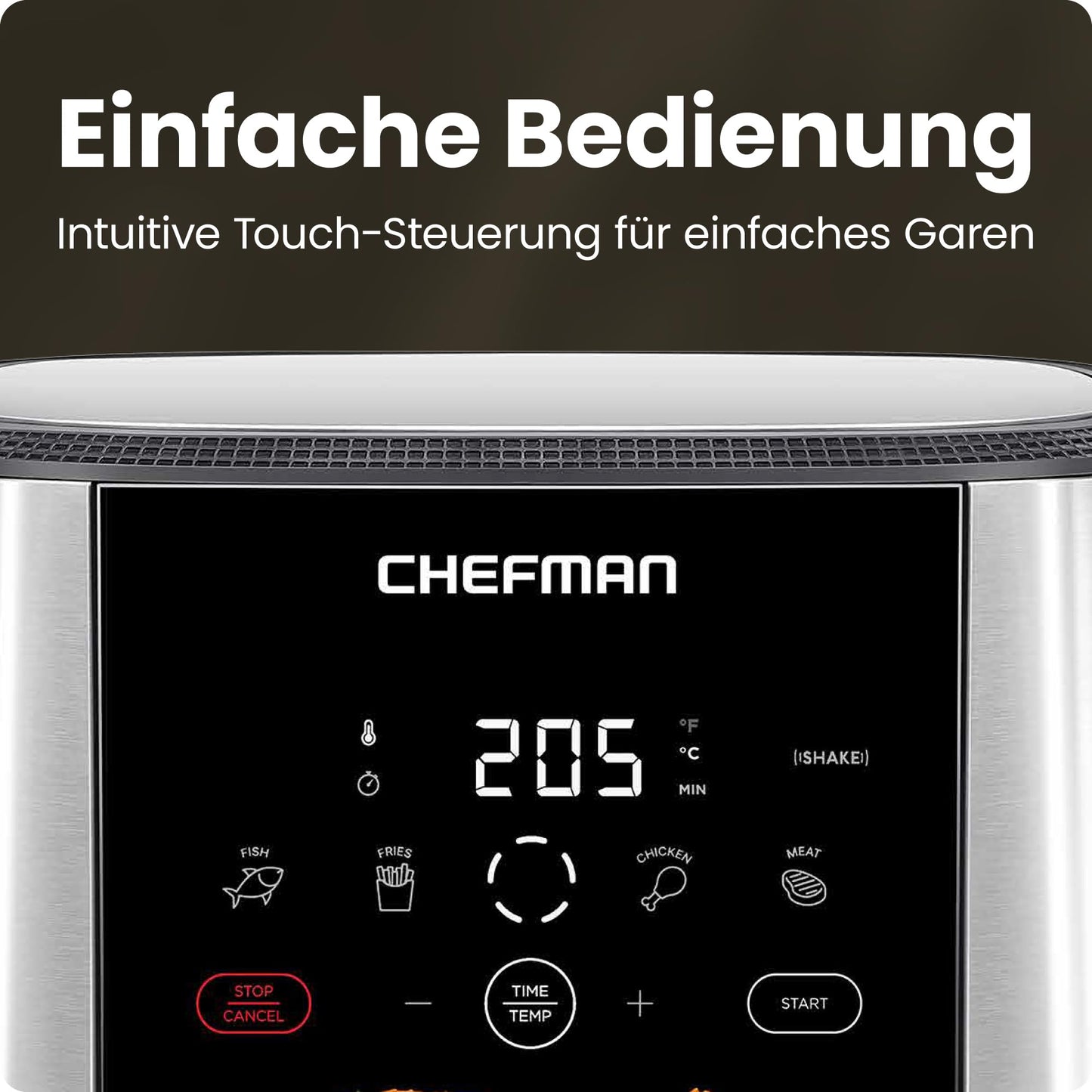 Chefman TurboFry Touch Heißluftfritteuse, XL 7.6-L Familiengröße, One-Touch Digitale Voreinstellungen, Pommes Frites, Hähnchen, Fleisch, Fisch, Spülmaschinenfest, Automatische Abschaltung, Edelstahl