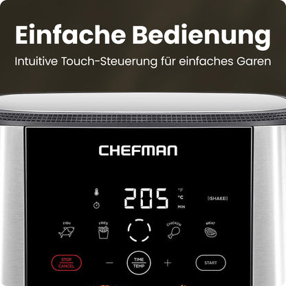 Chefman TurboFry Touch Heißluftfritteuse, XL 7.6-L Familiengröße, One-Touch Digitale Voreinstellungen, Pommes Frites, Hähnchen, Fleisch, Fisch, Spülmaschinenfest, Automatische Abschaltung, Edelstahl