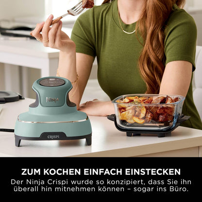 Ninja CRISPi tragbare Airfryer Heißluftfritteuse, 3,8 l, 4-in-1: Heißluftfrittieren, Braten, Warmhalten, Recrisp, kompakt, 6 Portionen, 2x herausnehmbare Glasbehälter & Deckel, 1700 W, Sage FN101EUSG