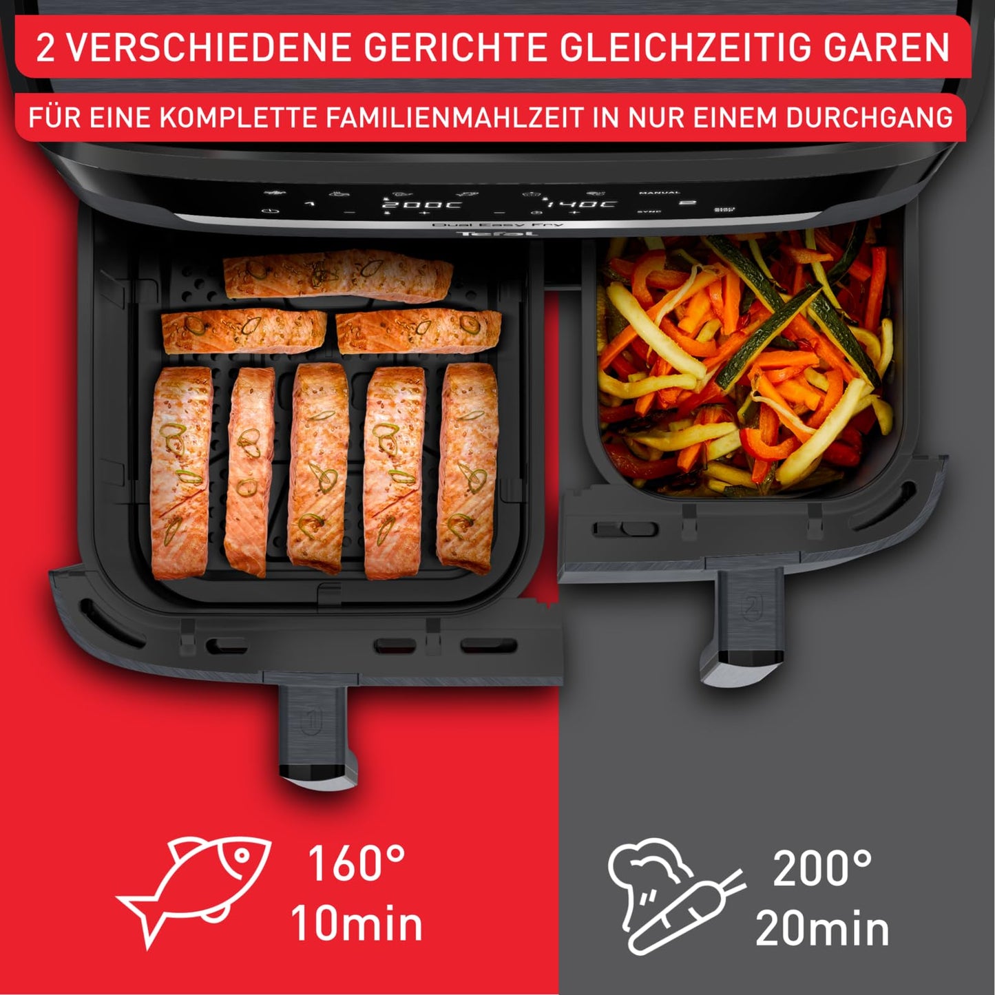 Tefal Dual Easy Fry XXL Doppelkammer-Heißluftfritteuse, 11 Liter Fassungsvermögen, 6,5 L Schublade und 4,5 L Schublade, ohne zusätzliches Fett, 7 Programme, spülmaschinengeeignet, grau, EY942BE0