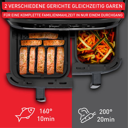 Tefal Dual Easy Fry XXL Doppelkammer-Heißluftfritteuse, 11 Liter Fassungsvermögen, 6,5 L Schublade und 4,5 L Schublade, ohne zusätzliches Fett, 7 Programme, spülmaschinengeeignet, grau, EY942BE0