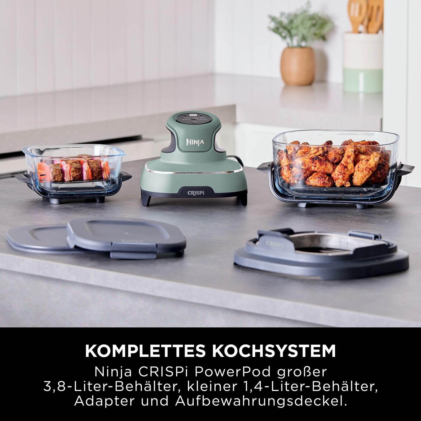 Ninja CRISPi tragbare Airfryer Heißluftfritteuse, 3,8 l, 4-in-1: Heißluftfrittieren, Braten, Warmhalten, Recrisp, kompakt, 6 Portionen, 2x herausnehmbare Glasbehälter & Deckel, 1700 W, Sage FN101EUSG