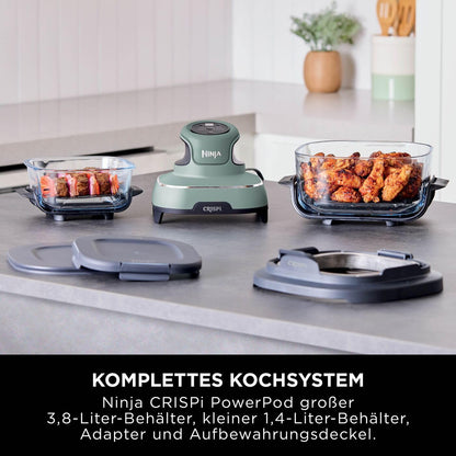 Ninja CRISPi tragbare Airfryer Heißluftfritteuse, 3,8 l, 4-in-1: Heißluftfrittieren, Braten, Warmhalten, Recrisp, kompakt, 6 Portionen, 2x herausnehmbare Glasbehälter & Deckel, 1700 W, Sage FN101EUSG