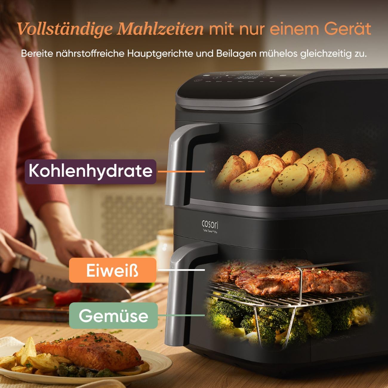 COSORI Turbo Tower Pro Airfryer, Keramikbeschichtung Heißluftfritteuse 2 Kammern, 10,8L Heissluftfritteuse mit DualBlaze, Ohne Teflon Beschichtung, Automatische Luftstrom-Regulierung