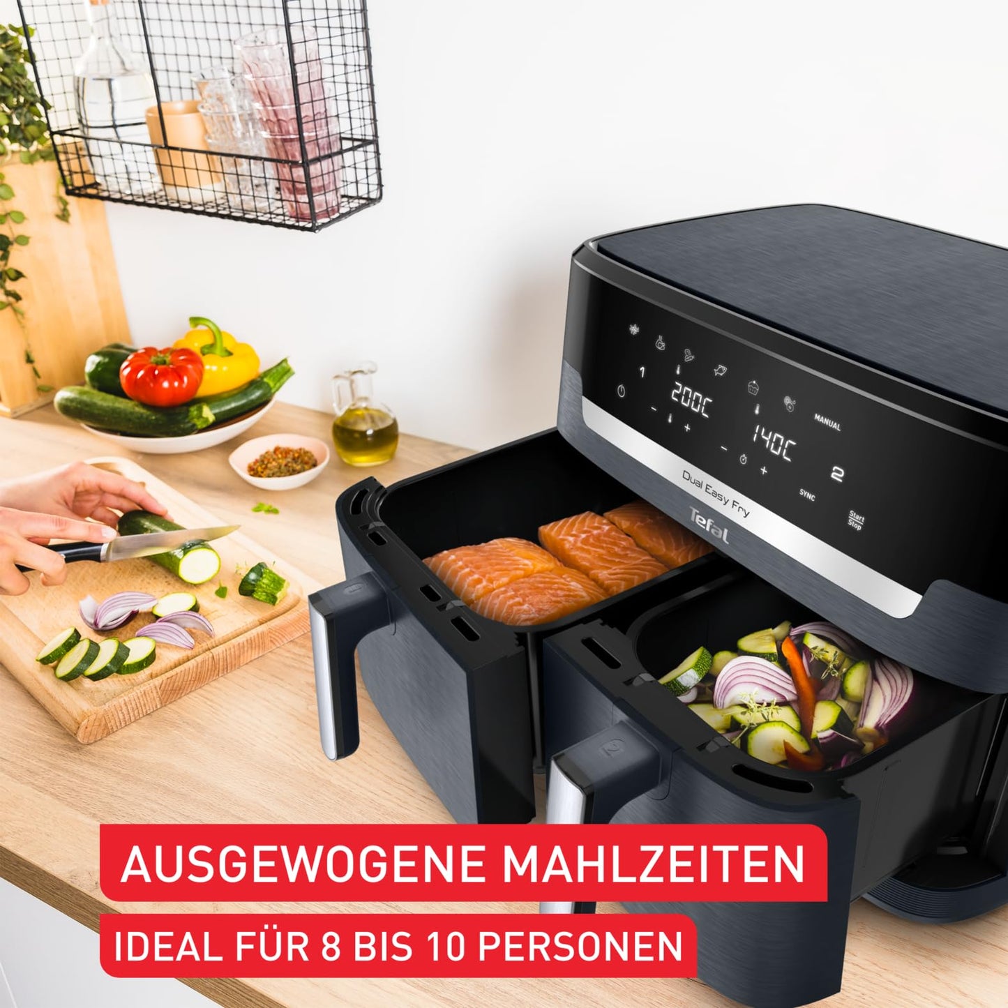 Tefal Dual Easy Fry XXL Doppelkammer-Heißluftfritteuse, 11 Liter Fassungsvermögen, 6,5 L Schublade und 4,5 L Schublade, ohne zusätzliches Fett, 7 Programme, spülmaschinengeeignet, grau, EY942BE0