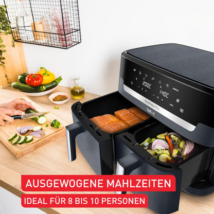 Tefal Dual Easy Fry XXL Doppelkammer-Heißluftfritteuse, 11 Liter Fassungsvermögen, 6,5 L Schublade und 4,5 L Schublade, ohne zusätzliches Fett, 7 Programme, spülmaschinengeeignet, grau, EY942BE0