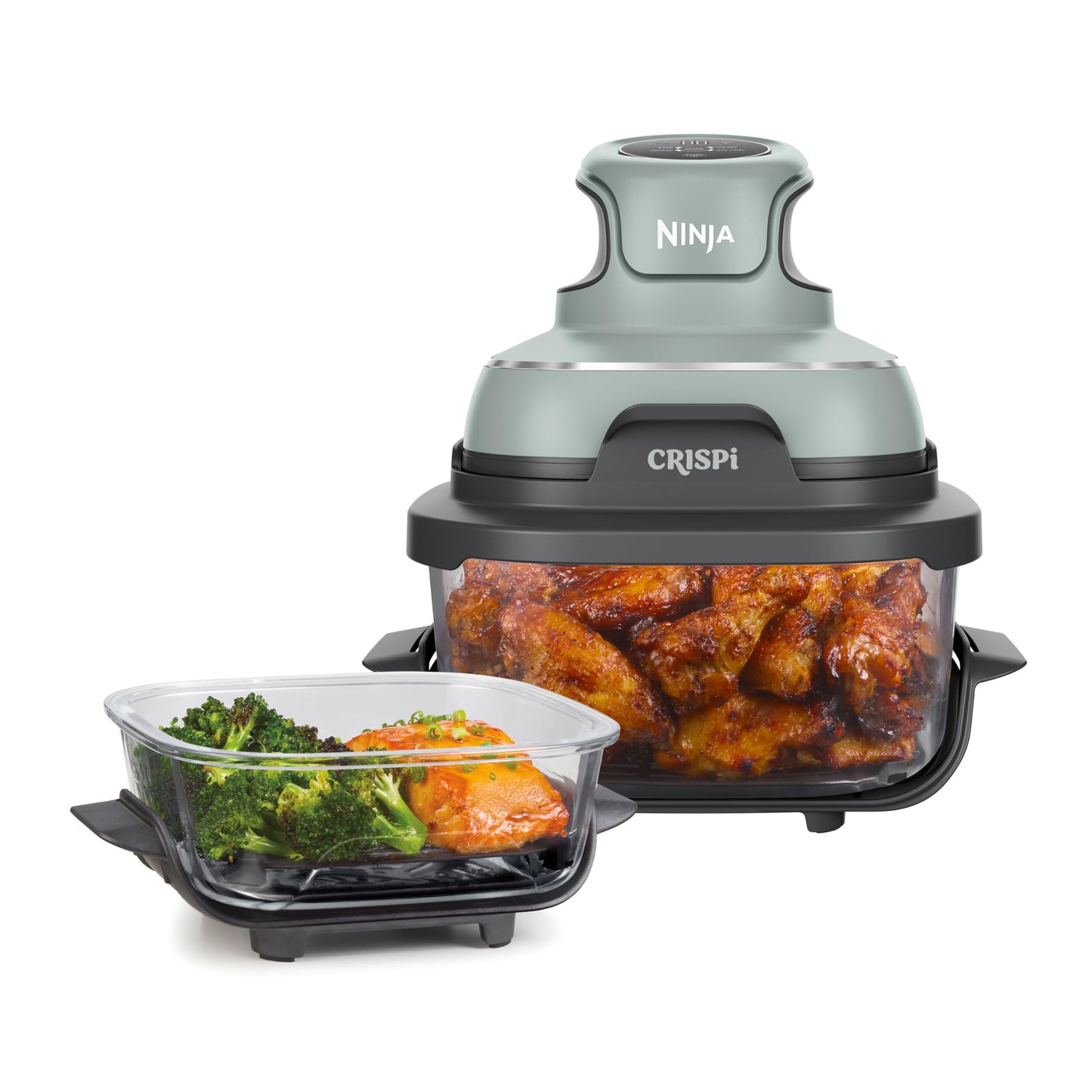 Ninja CRISPi tragbare Airfryer Heißluftfritteuse, 3,8 l, 4-in-1: Heißluftfrittieren, Braten, Warmhalten, Recrisp, kompakt, 6 Portionen, 2x herausnehmbare Glasbehälter & Deckel, 1700 W, Sage FN101EUSG