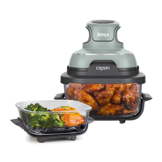 Ninja CRISPi tragbare Airfryer Heißluftfritteuse, 3,8 l, 4-in-1: Heißluftfrittieren, Braten, Warmhalten, Recrisp, kompakt, 6 Portionen, 2x herausnehmbare Glasbehälter & Deckel, 1700 W, Sage FN101EUSG