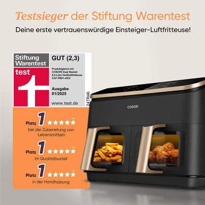 COSORI Airfryer, Testsieger der Stiftung Warentest, Heißluftfritteuse 2 Kammern, 8,5L Heißluftfritteuse mit Sichtfenster, Innenraum aus Metall reduziert Kunststoffkontakt, Gold
