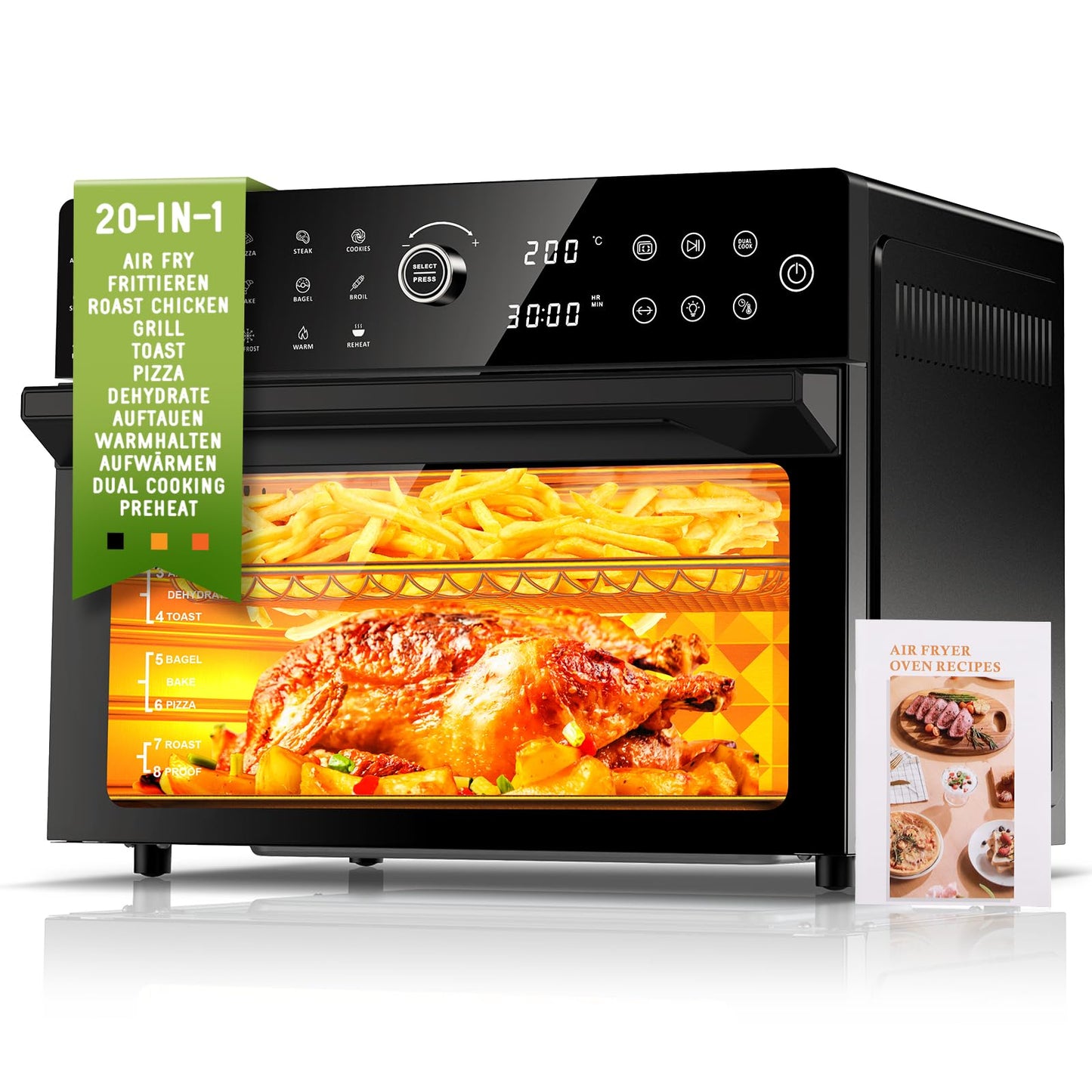 30L Heißluftfritteuse XXL Minibackofen mit LED-Touchscreen, Minibackofen mit Umluft mit 20 Programmen und Zwei Kochmodi, 1800W Heissluftfritteuse Air Fryer Oven ohne Öl, 8h Timer, Rezeptbuch,7 Anhänge