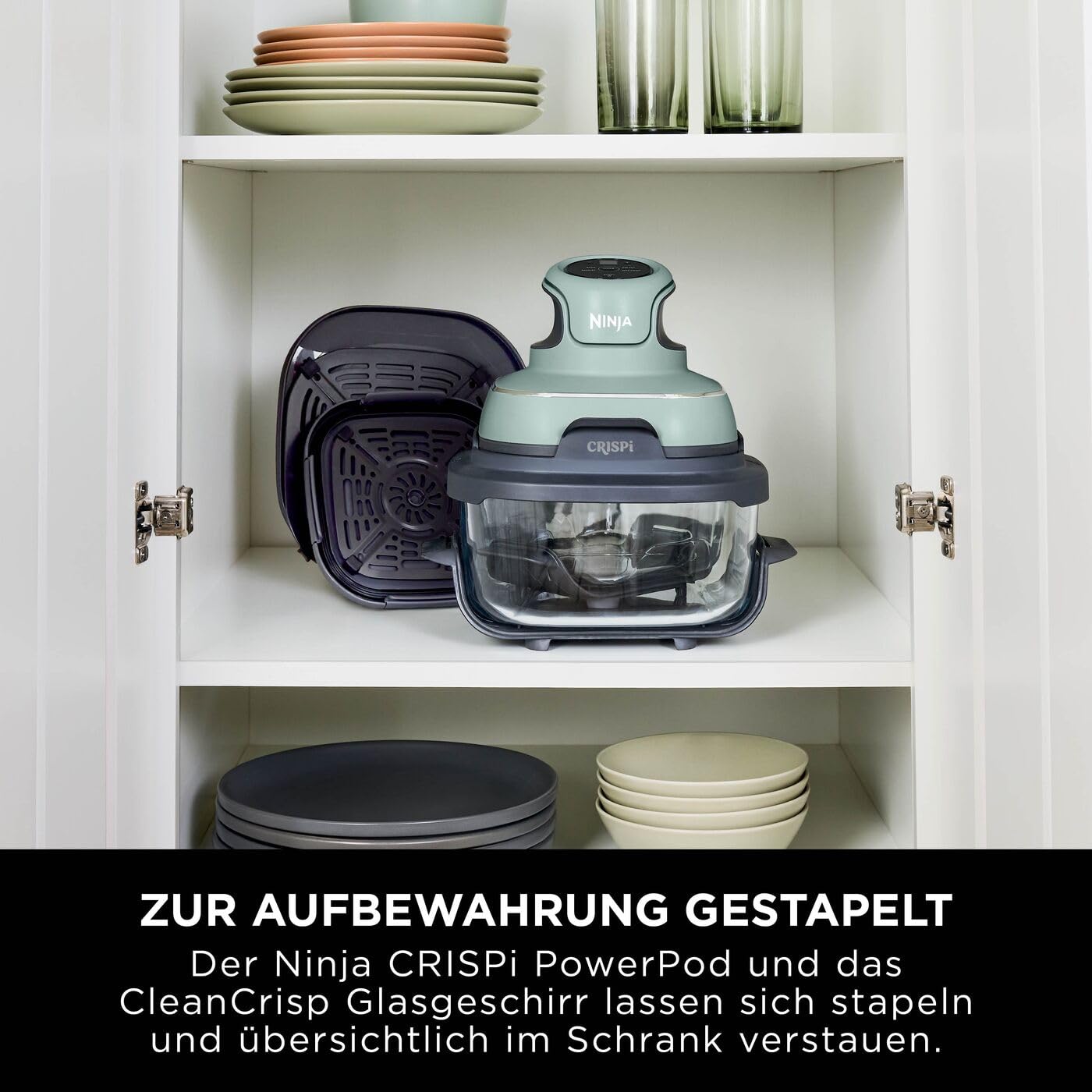 Ninja CRISPi tragbare Airfryer Heißluftfritteuse, 3,8 l, 4-in-1: Heißluftfrittieren, Braten, Warmhalten, Recrisp, kompakt, 6 Portionen, 2x herausnehmbare Glasbehälter & Deckel, 1700 W, Sage FN101EUSG