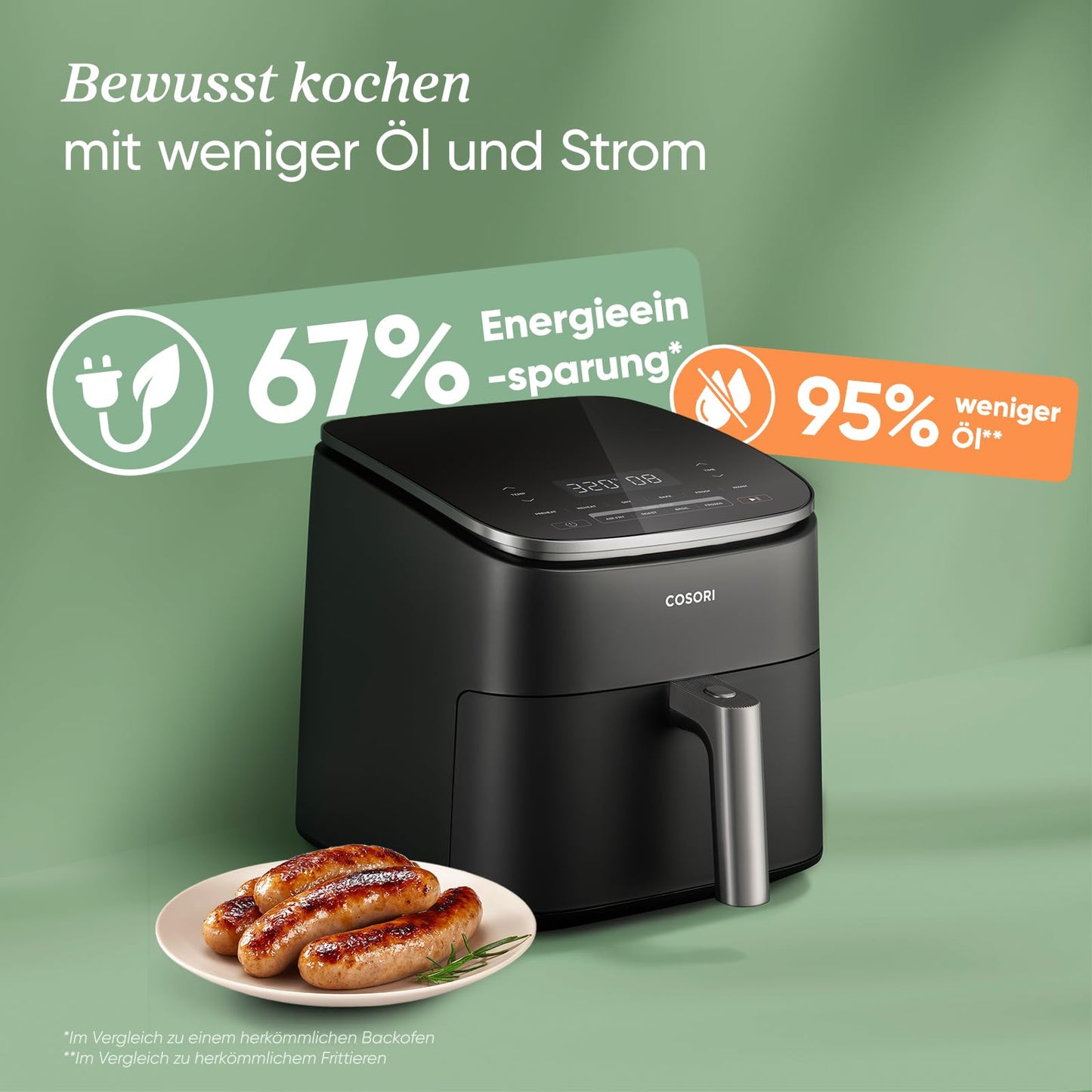 Cosori Turboblaze Airfryer Heißluftfritteuse, 9-in-1 Air Fryer XXL 6L, leiser DC Motor mit 5 Geschwindigkeitsstufen, Grillen, Backen, Gären, Dehydrieren, Tiefkühlen, 87 Rezepte, 64% energiesparend