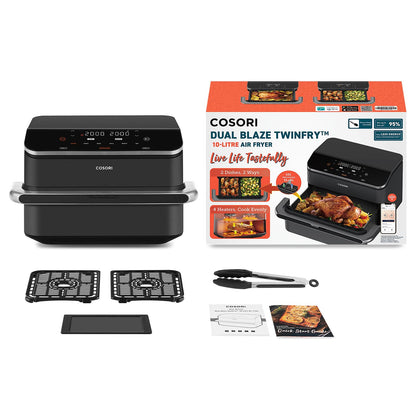 COSORI Heißluftfritteuse 2 Kammern, Dual Blaze TwinFry 10L Airfryer, mit 4 Heizrohren & flexiblen Kammern, gleichmäßige Hitzeverteilung, Temperatur bis 240 °C, Schwarz