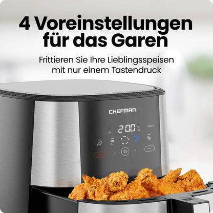 Chefman TurboFry Touch Heißluftfritteuse, XL 7.6-L Familiengröße, One-Touch Digitale Voreinstellungen, Pommes Frites, Hähnchen, Fleisch, Fisch, Spülmaschinenfest, Automatische Abschaltung, Edelstahl