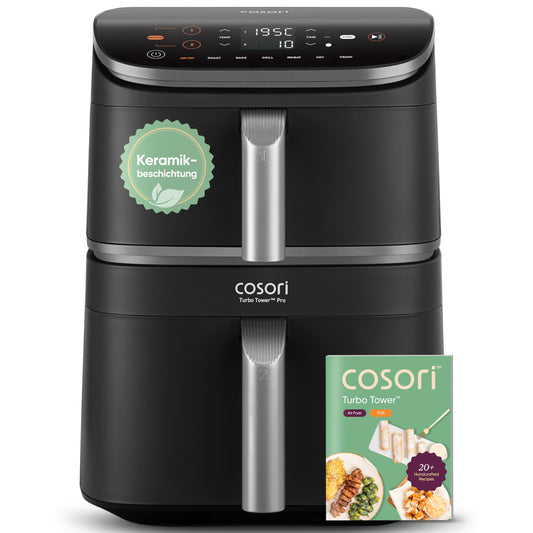 COSORI Turbo Tower Pro Airfryer, Keramikbeschichtung Heißluftfritteuse 2 Kammern, 10,8L Heissluftfritteuse mit DualBlaze, Ohne Teflon Beschichtung, Automatische Luftstrom-Regulierung