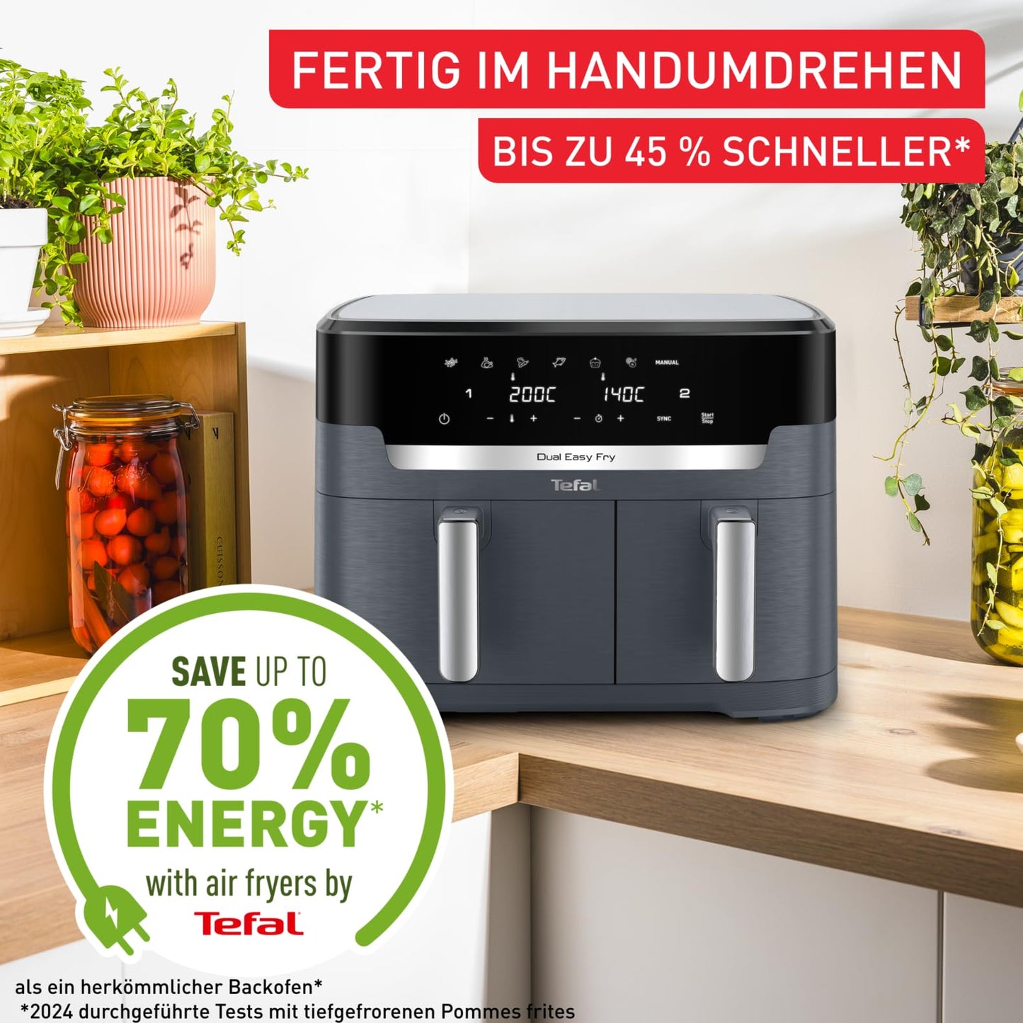 Tefal Dual Easy Fry XXL Doppelkammer-Heißluftfritteuse, 11 Liter Fassungsvermögen, 6,5 L Schublade und 4,5 L Schublade, ohne zusätzliches Fett, 7 Programme, spülmaschinengeeignet, grau, EY942BE0