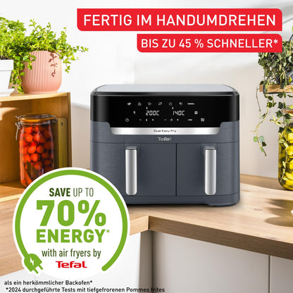 Tefal Dual Easy Fry XXL Doppelkammer-Heißluftfritteuse, 11 Liter Fassungsvermögen, 6,5 L Schublade und 4,5 L Schublade, ohne zusätzliches Fett, 7 Programme, spülmaschinengeeignet, grau, EY942BE0
