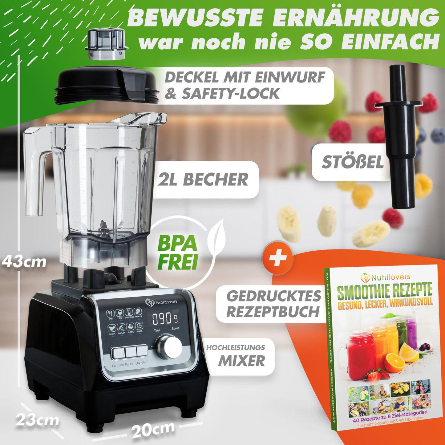 NUTRI-BLENDER MAX+ Hochleistungsmixer 2000W Standmixer Smoothie Hochleistung Smoothie-Maker Profi Mixer Blender - 2L Tritan, BPA-FREI, 9 Stufen, Digital-Timer Inkl. Smoothie Rezeptbuch