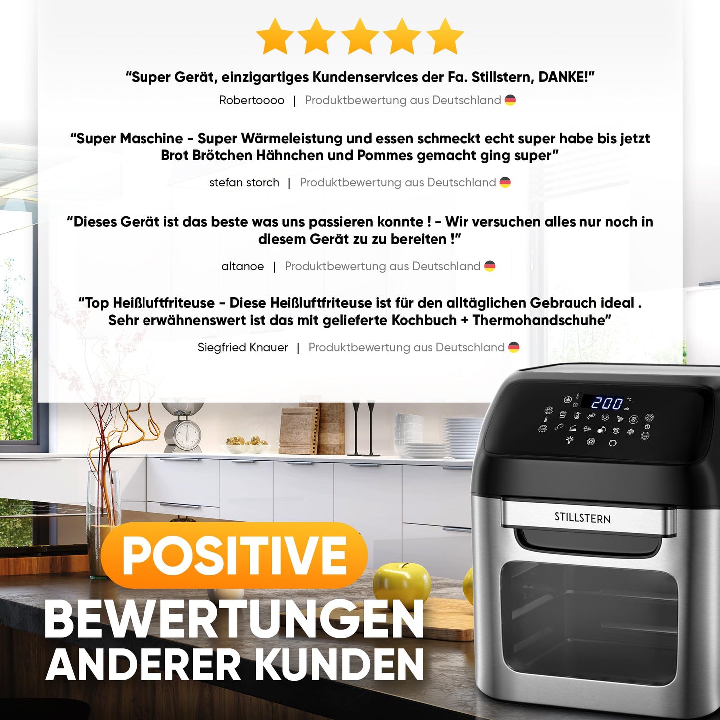 Stillstern Heißluftfritteuse 12L mit LED-Touchscreen, XXL Rezeptbuch auf Deutsch, 12 Programme, Vorheizen&Warmhalten, 1800W Heissluftfritteuse Air Fryer XXL ohne Öl Dörren Minibackofen Camping Grill