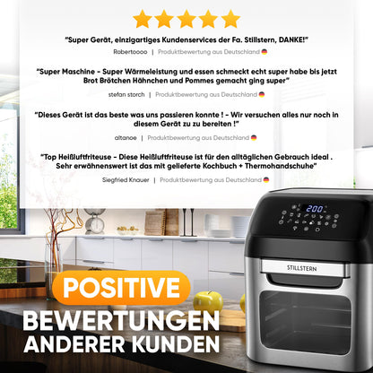 Stillstern Heißluftfritteuse 12L mit LED-Touchscreen, XXL Rezeptbuch auf Deutsch, 12 Programme, Vorheizen&Warmhalten, 1800W Heissluftfritteuse Air Fryer XXL ohne Öl Dörren Minibackofen Camping Grill
