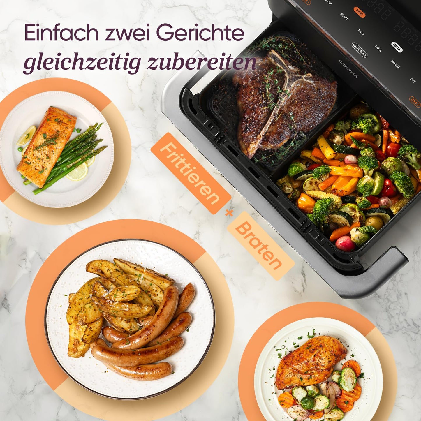 COSORI Heißluftfritteuse 2 Kammern, Dual Blaze TwinFry 10L Airfryer, mit 4 Heizrohren & flexiblen Kammern, gleichmäßige Hitzeverteilung, Temperatur bis 240 °C, Schwarz